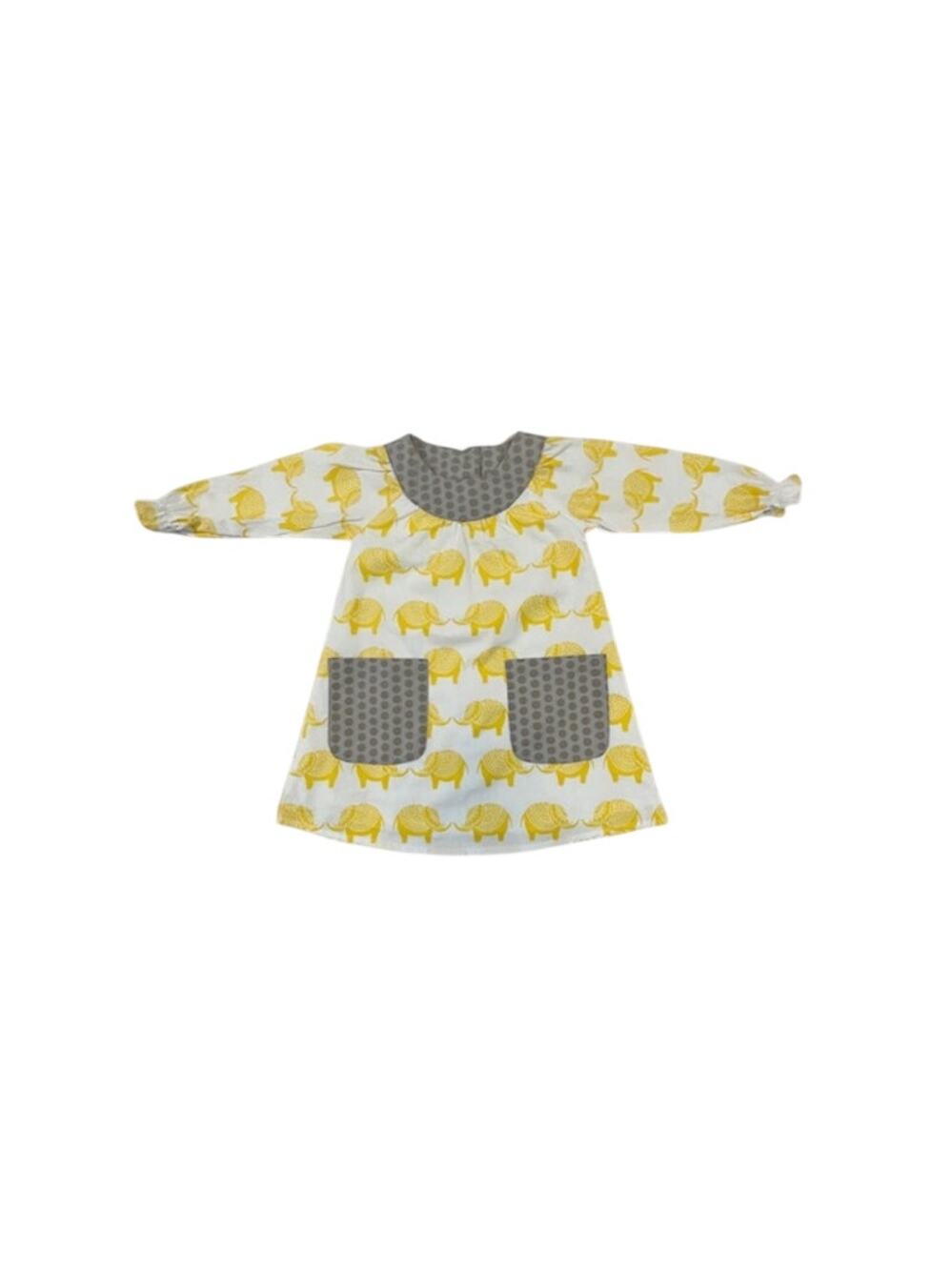 Cracker Barrel-Toddler Dress, Yellow Elephants Gray Collar and Pockets